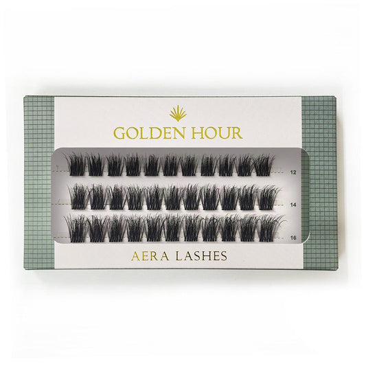 AERA Golden Hour lash cluster pack with 44 fluffy lash segments in lengths 10–16mm, designed for at-home application